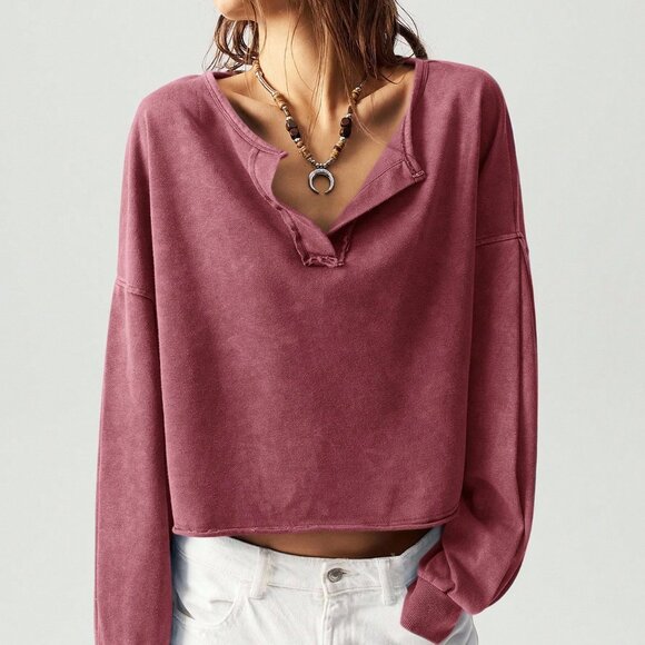 Burgundy Casual Women's V-Neck Long Sleeve Cropped Sweatshirt - Picture 5 of 9